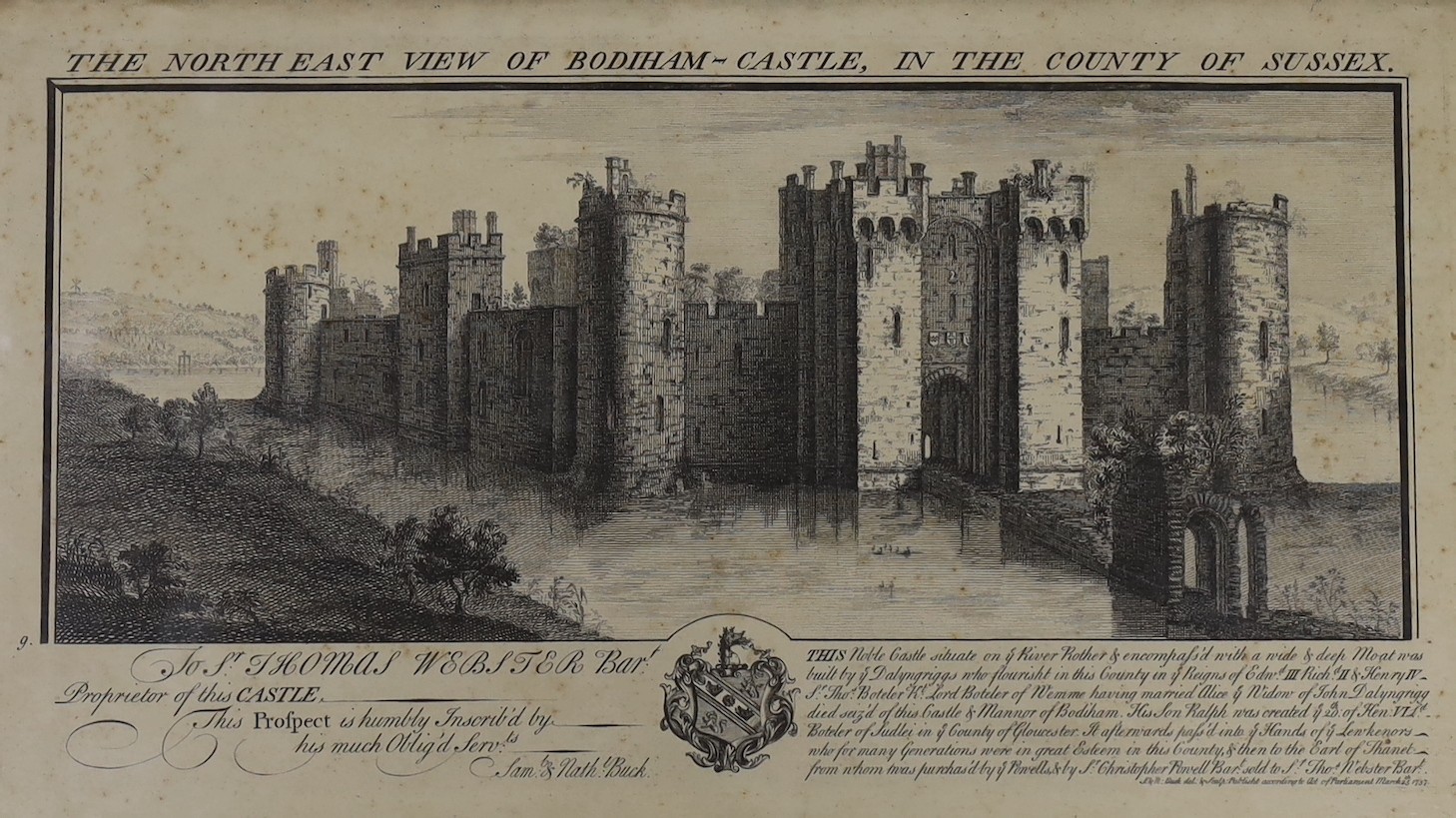 Samuel and Nathaniel Buck, six engravings, Views of Sussex Castles 1737, overall 23 x 40cm and a similar view of the Church of St Olave, 28 x 31cm